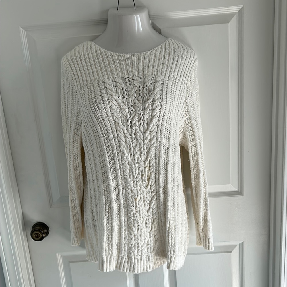 Jones New York Cream Cable Knit Crew Neck Sweater